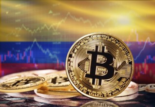 Bitcoin with Colombia flag in the background. Investors in cryptocurrency and Blockchain Technology