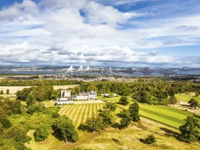Dundas Castle over South Queensferry from a drone, Edinburgh, Scotland, UK