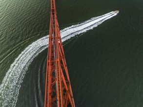 Forth Bridge from a drone, Queensferry Crossing, Forth Estuary, Scotland, United Kingdom