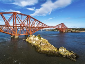 Inch Garvie Castle from a drone, Forth Bridge, Queensferry Crossing, Forth Estuary, Scotland,