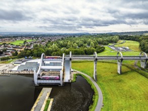 Filkirk Wheel from a drone, Forth and Clyde Canal, Falkirk, Scotland, UK