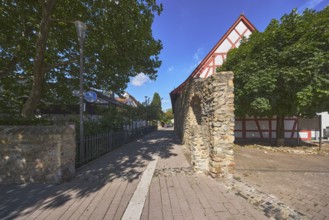 Altstadt, Gasse, historische Stadtbefestigung, Stadtmauer, Bäume, Fachwerkhaus, Fußweg und Radweg,