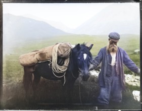Colourised image of old man with pack horse carrying mountaineering equipment, thought to be