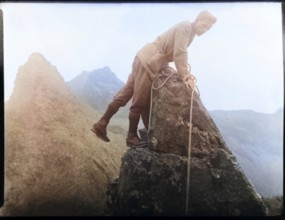 Colourised image of male rock climber thought to be Cuillin mountains, Skye, Scotland, UK c