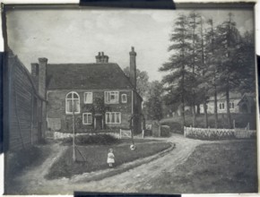 Magic lantern slide of painting girl young girl standing outside large house near a church, rural