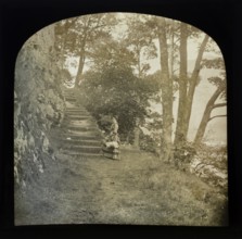 Magic lantern slide of woman standing in countryside next to a flight of steps through woodland,