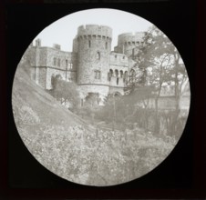 Magic lantern slide of Norman gateway towers at Windsor castle, England, UK c 1900