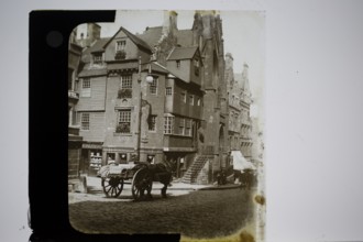 Magic lantern slide, historic building John Knox House, High Street, Edinburgh, Scotland, UK c 1900