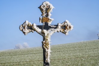 Crucifix with hoarfrost in front of blue sky at sunshine in winter, Bavaria, Germany