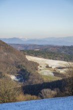 Typical valley with bushes, trees and meadows with the high tarta mountains in the background in