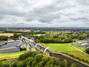 Filkirk Wheel from a drone, Forth and Clyde Canal, Falkirk, Scotland, UK