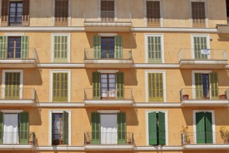 House, Facade with balconies, Placa Major, Palma de Majorca, Majorca, Balearic Islands, Spain
