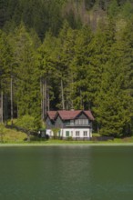 View over Lake Toblach to a house standing directly on the shore, Toblach, Höhlensteintal, South
