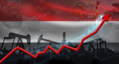 Oil pumps with Yemen flag. Oil production with Yemeni flag, petrol industry