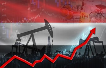 Oil production with Yemen flag, petrol industry. Oil pumps with Yemeni flag