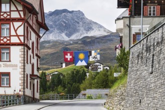 Dorfstrasse Flags Switzerland, Arosa, Graubünden, Arosa, Graubünden, Switzerland