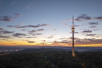 Illuminated television tower rises above forest in the morning red with clouds,
