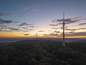 Television tower with rising light over a wooded horizon, Stuttgart-Degerloch, Baden-Württemberg,