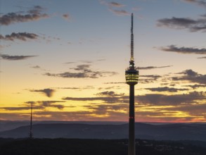 Close-up of an illuminated television tower at dawn, Stuttgart-Degerloch, Baden-Württemberg,