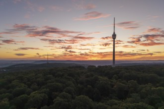 TV tower at dawn with dramatic clouds over forested area, Stuttgart-Degerloch, Baden-Württemberg,