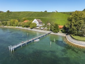 Aerial view of the jetty at the historic Rebgut Haltnau with catering business, outdoor catering