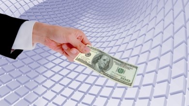 Symbolic image, hand extends 100-dollar note, Wall Street and Dax upswing, President Trump's