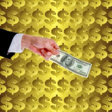 Symbolic image, hand holds out 100-dollar note in front of dollar wall, Wall Street and Dax