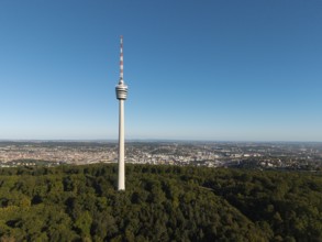 Television tower rises above a wooded area with an urban view, Stuttgart, Baden-Württemberg,