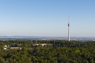 Stuttgart television tower rises above a forest with an urban backdrop on the horizon, Gazi