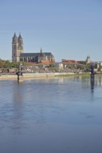 Elbe with lift bridge, Gothic Magdeburg Cathedral of St Mauritius and St Katharina, church,