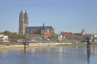 Elbe with lift bridge, Gothic Magdeburg Cathedral of St Mauritius and St Katharina, church,