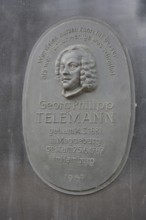 Telemann stele with relief of the composer Georg Philipp Telemann, inscription, bronze, text,