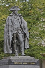Memorial to US General Friedrich Wilhelm von Steuben, uniform, hat, inscription, sculpture, Steuben