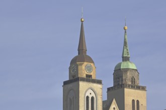 Twin towers of the late Romanesque St John's Church, spires, detail, Magdeburg, Saxony-Anhalt,