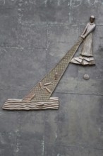 Relief with fisherman with fishing net in water at the church door, biblical parable, biblical