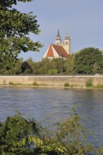 Late Romanesque St John's Church with twin towers and Elbe, Elbe riverbank, Magdeburg,