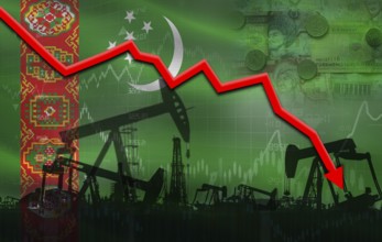 Petrol crisis with Turkmenistan flag on financial graph. Fall oil price with flag of Turkmenistan