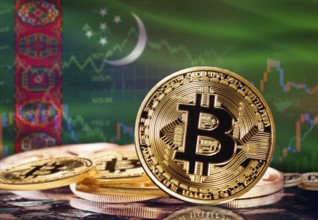 Bitcoin with Turkmenistan flag in the background. Investors in cryptocurrency and Blockchain