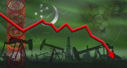 Fall oil price with flag of Turkmenistan on economic chart, Petrol crisis with Turkmenistan flag on