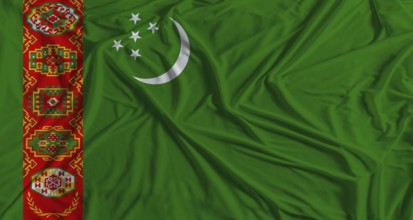 Turkmen flag with fabric texture background. National flag of Turkmenistan with cloth texture