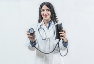 Smiling female doctor holding blood pressure monitor isolated. Female doctor showing tensiometer on