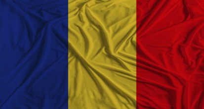 Romania flag with fabric texture background. National flag of Romania with cloth texture