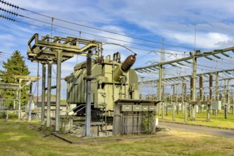 In front large transformer transformer transformer power transformer in transformer station, on the