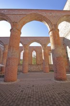Interior view of the St Bartholomäi church ruins, view upwards, open, archways, columns, pillars,