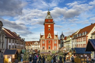 Christmas market on the main market square with the old town hall in Gotha, Thuringia, Germany