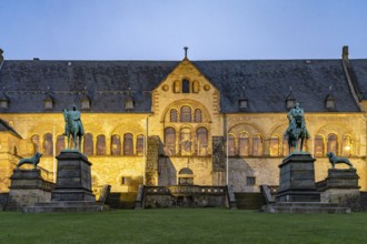 The Imperial House of the Romanesque Imperial Palace, UNESCO World Heritage Site in Goslar at dusk,