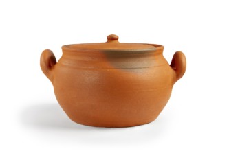 A handmade clay pot with a lid, on a white background, traditional craftsmanship, Georgian clay