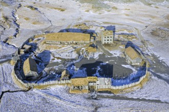 Aerial view over abandoned replica of Viking settlement, village used as film set in 2010 at