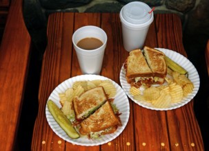 BLT, bacon, lattuce, tomato with chips and coffee in plastic cups, served in a diner, Marksboro,