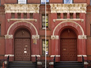 Historic school building with separate entrances for boys and girls, New York City, USA